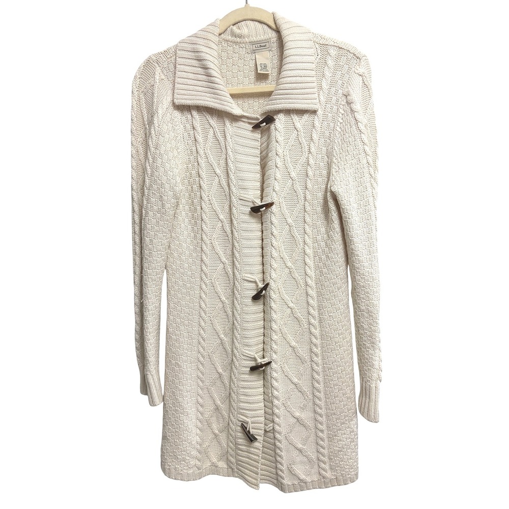 LL Bean Cable Knit Toggle Cream Cardigan Sweater Wool Blend Long XL